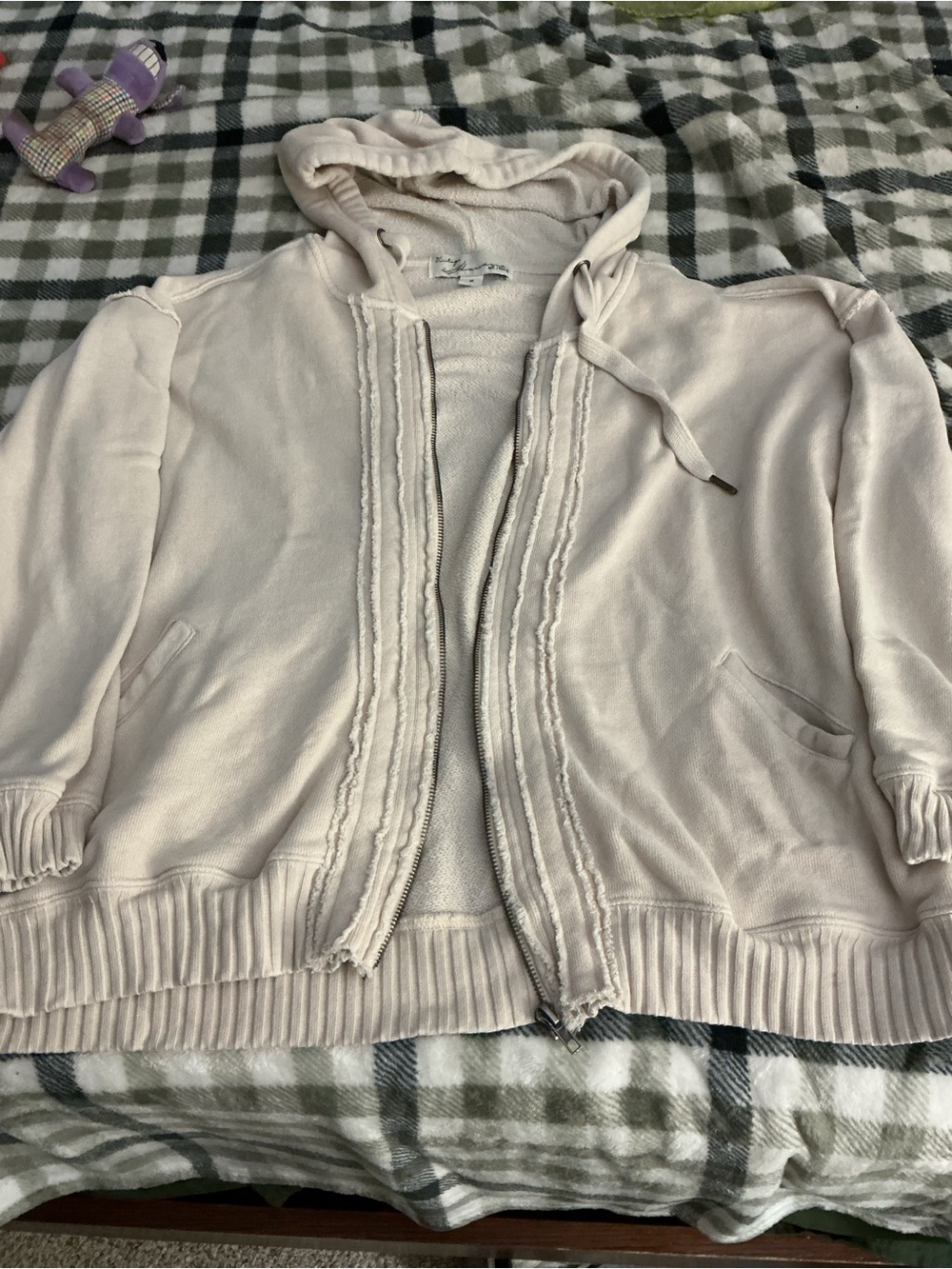 Vintage Cream Hooded Zip Cardigan with Frayed Trim